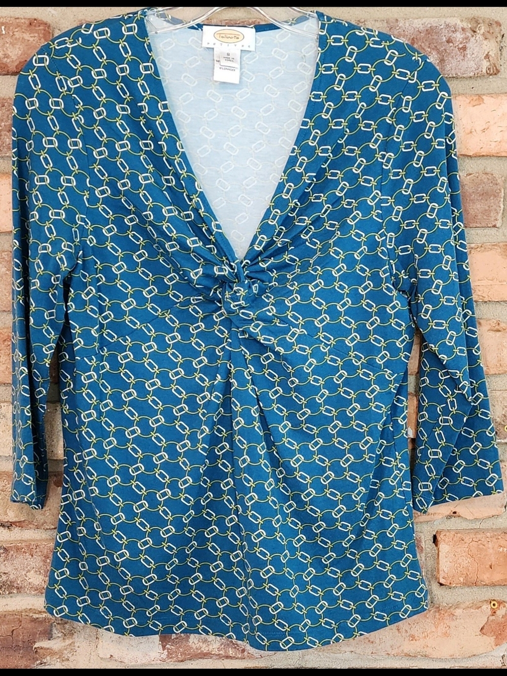 Talbots Teal Chain-Print Twist-Front Blouse